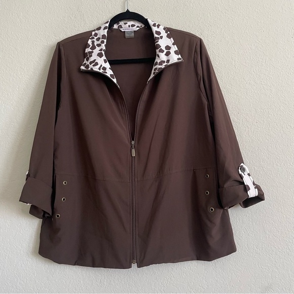 Allison Daley woman’s full zip Brown Jacket with Animal Print Collar size 14 - Picture 3 of 9
